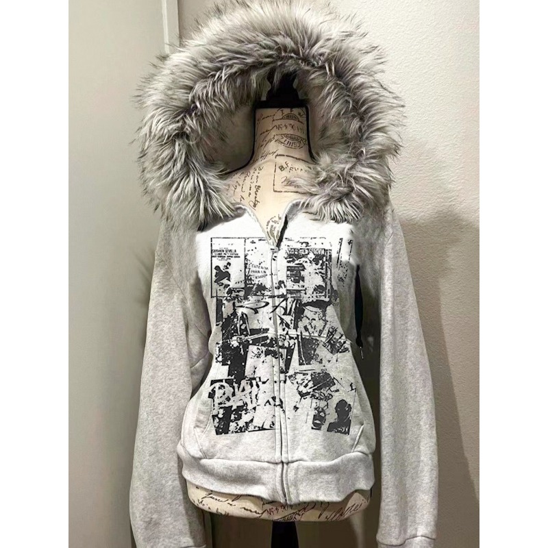 Grey Faux Fur Wool Double Zipp - đánh giá và giá Street Fashion Zip Up Hoodie